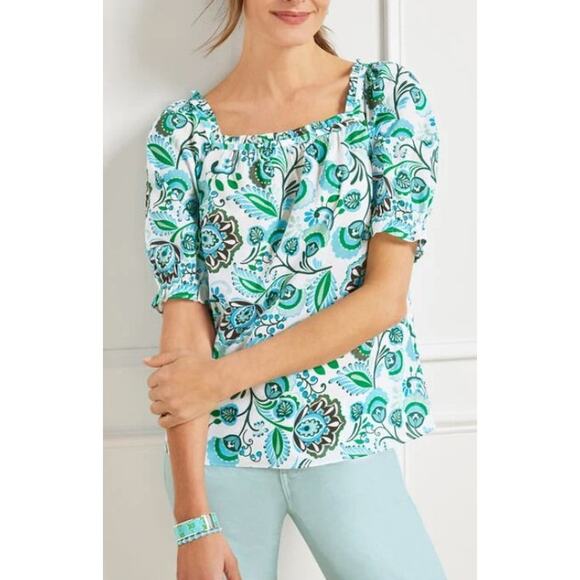 Talbots Short Sleeve Square Neck Blue Green Floral Print Top Womens Size XS - Picture 1 of 6